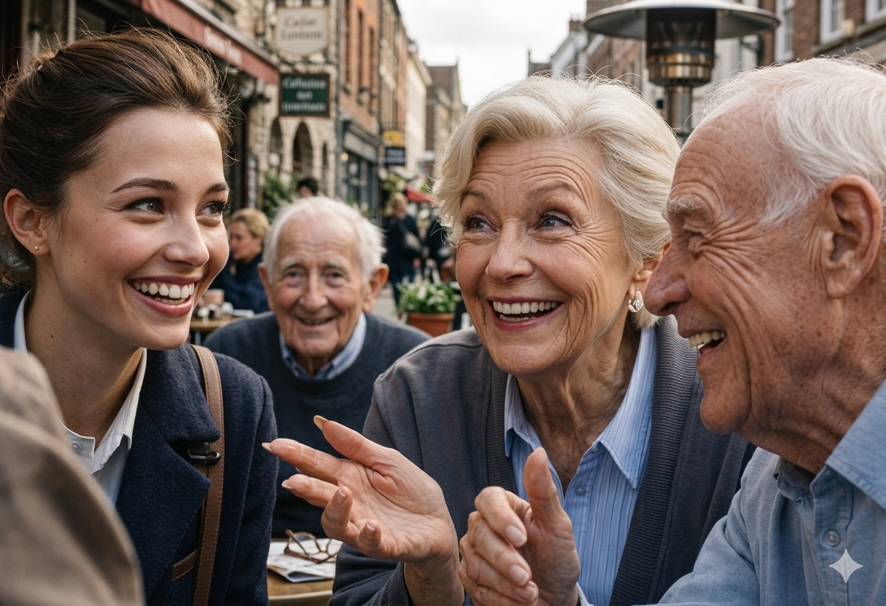 Elderly hosts laughing with student