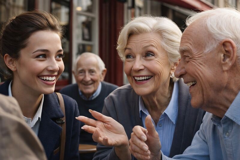 Elderly hosts laughing with student