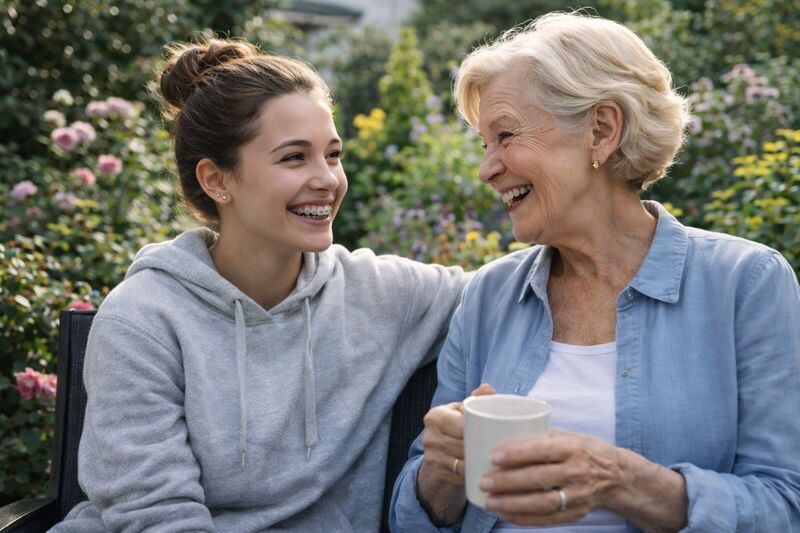 Young woman and elderly woman chatting together in a garden