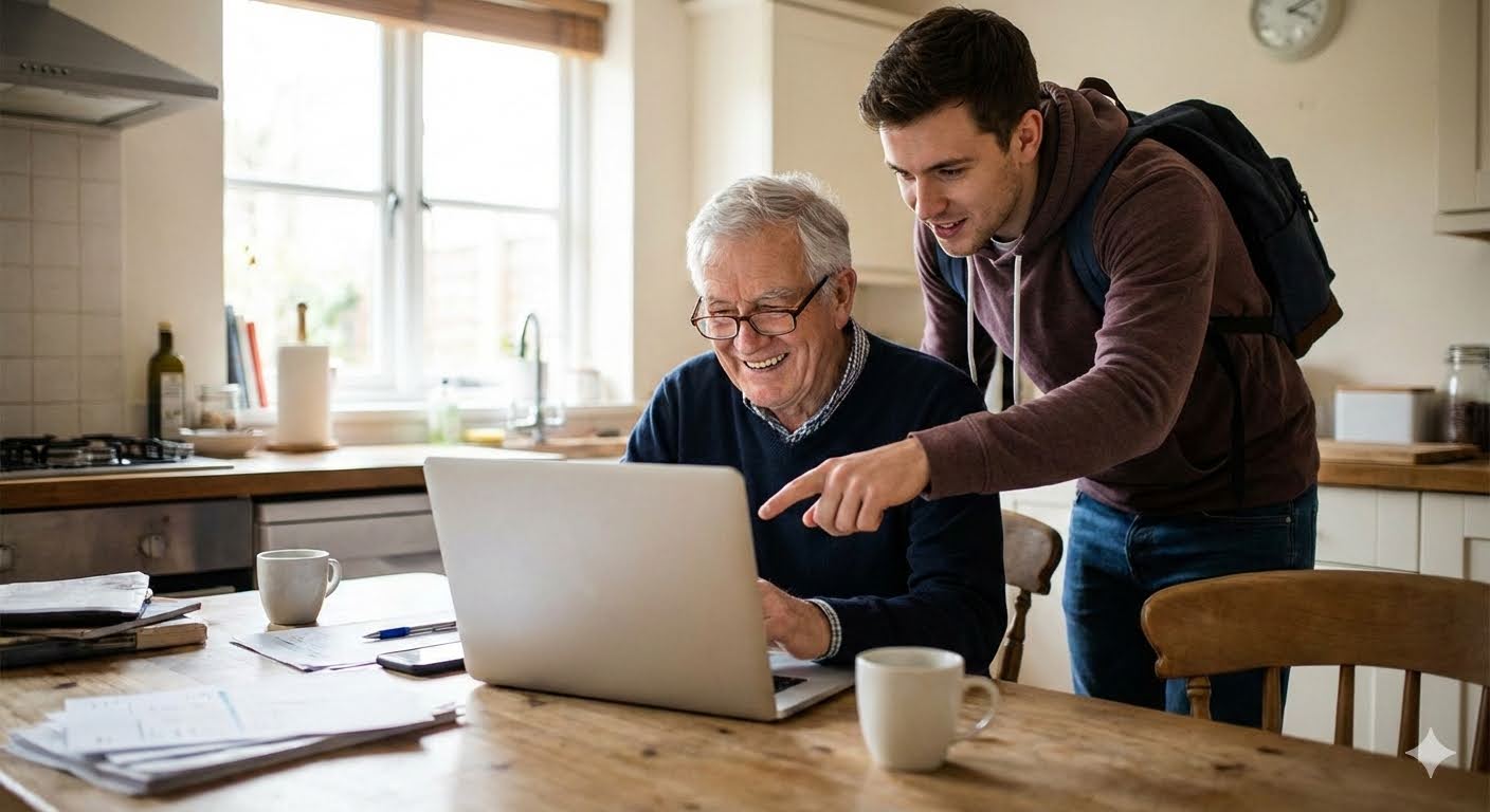 Elderly man and young adult looking at laptop together